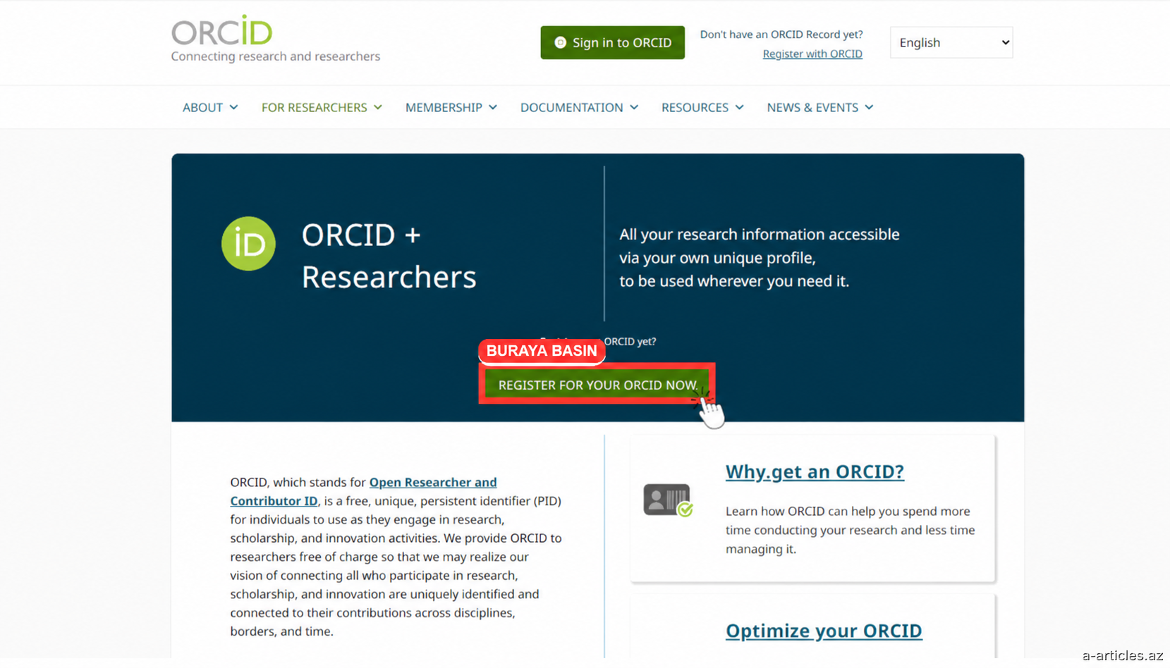 ORCID qeydiyyat düyməsi