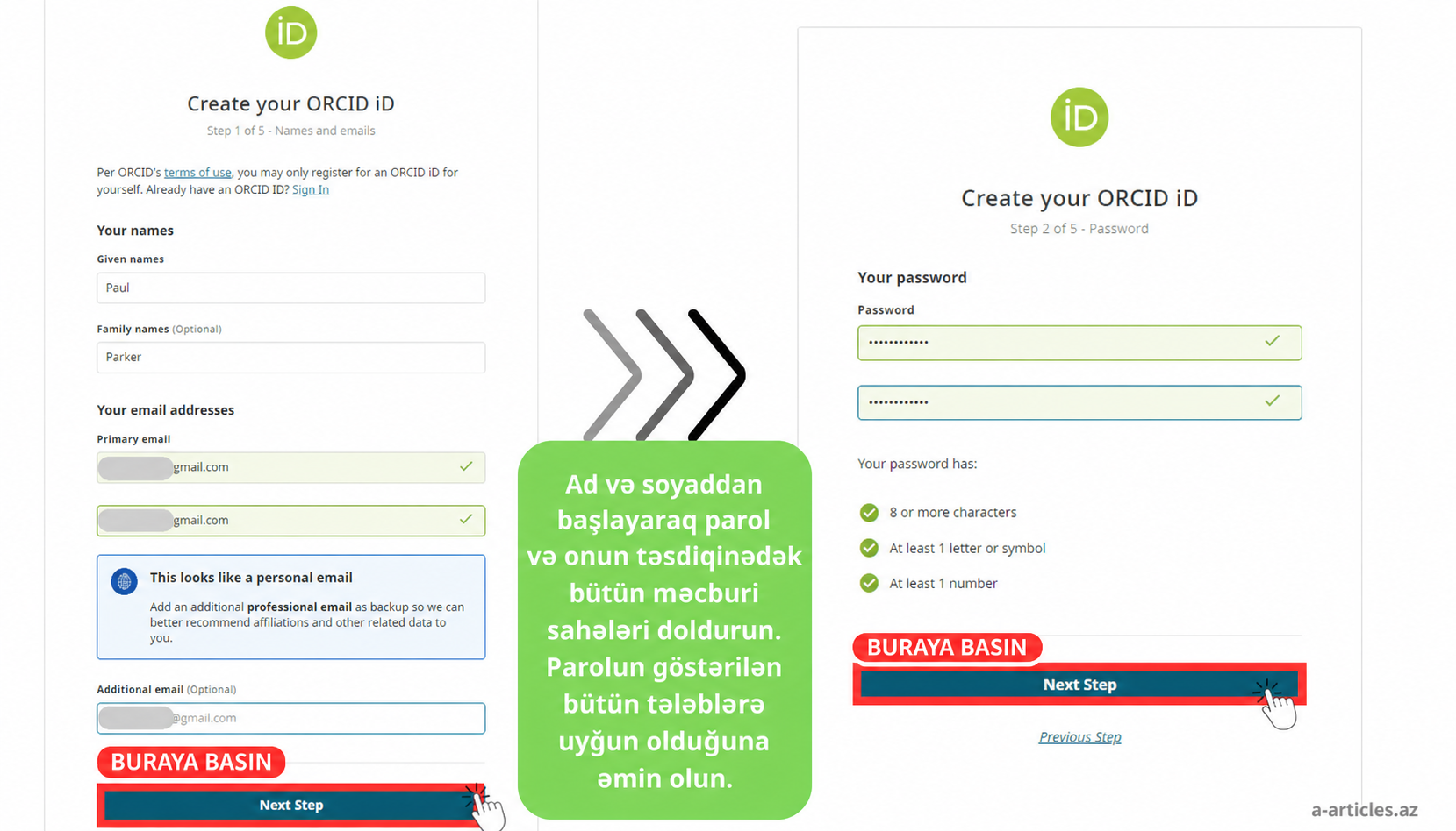 ORCID-də ad, e-poçt və parolun daxil edilməsi