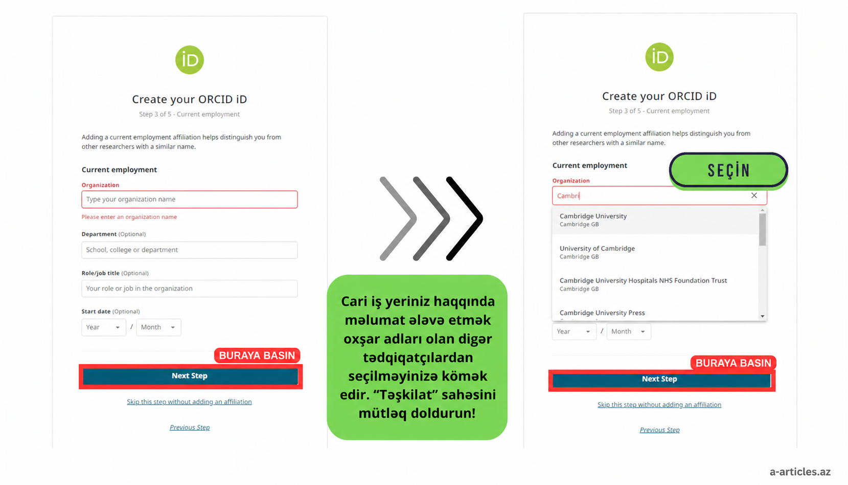 ORCID profilinə cari iş yerinin əlavə edilməsi