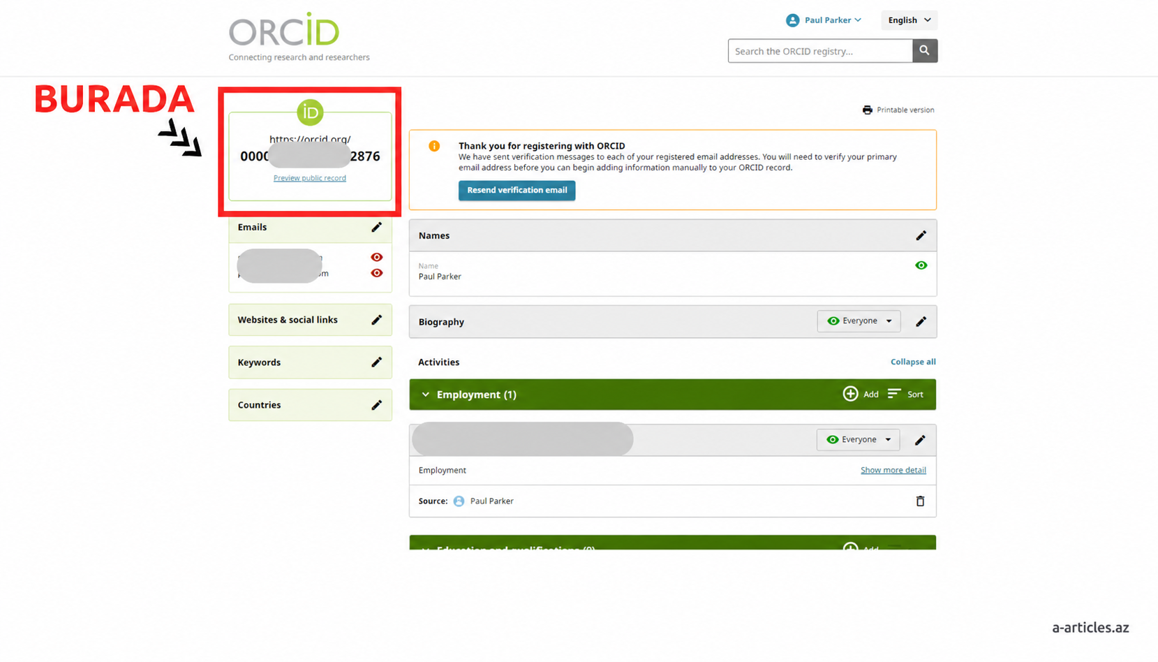 ORCID iD nömrəsinin profildə yerləşməsi