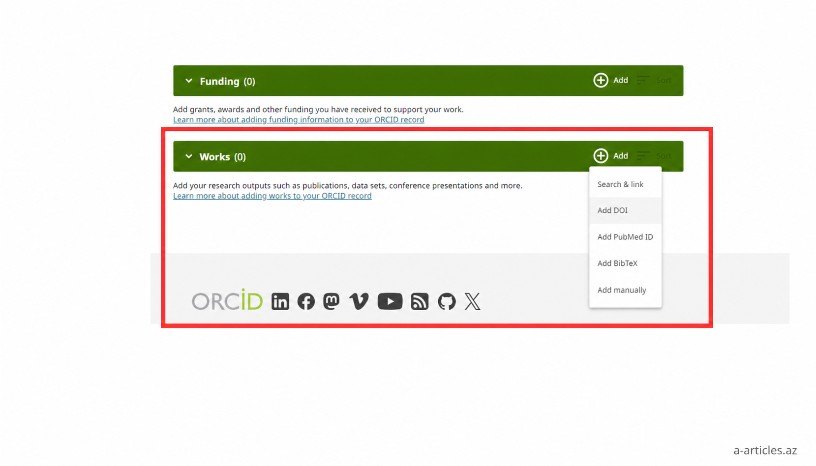 ORCID Works bölməsi və əlavə etmə menyusu