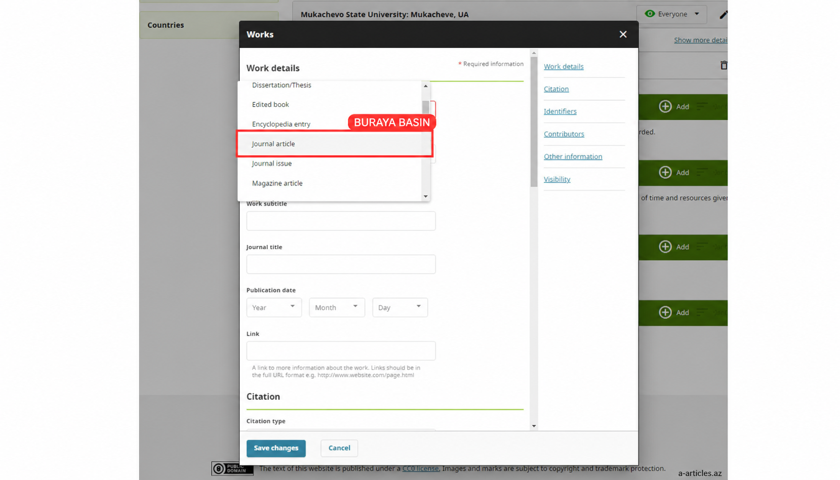 ORCID-də Journal article növünün seçilməsi