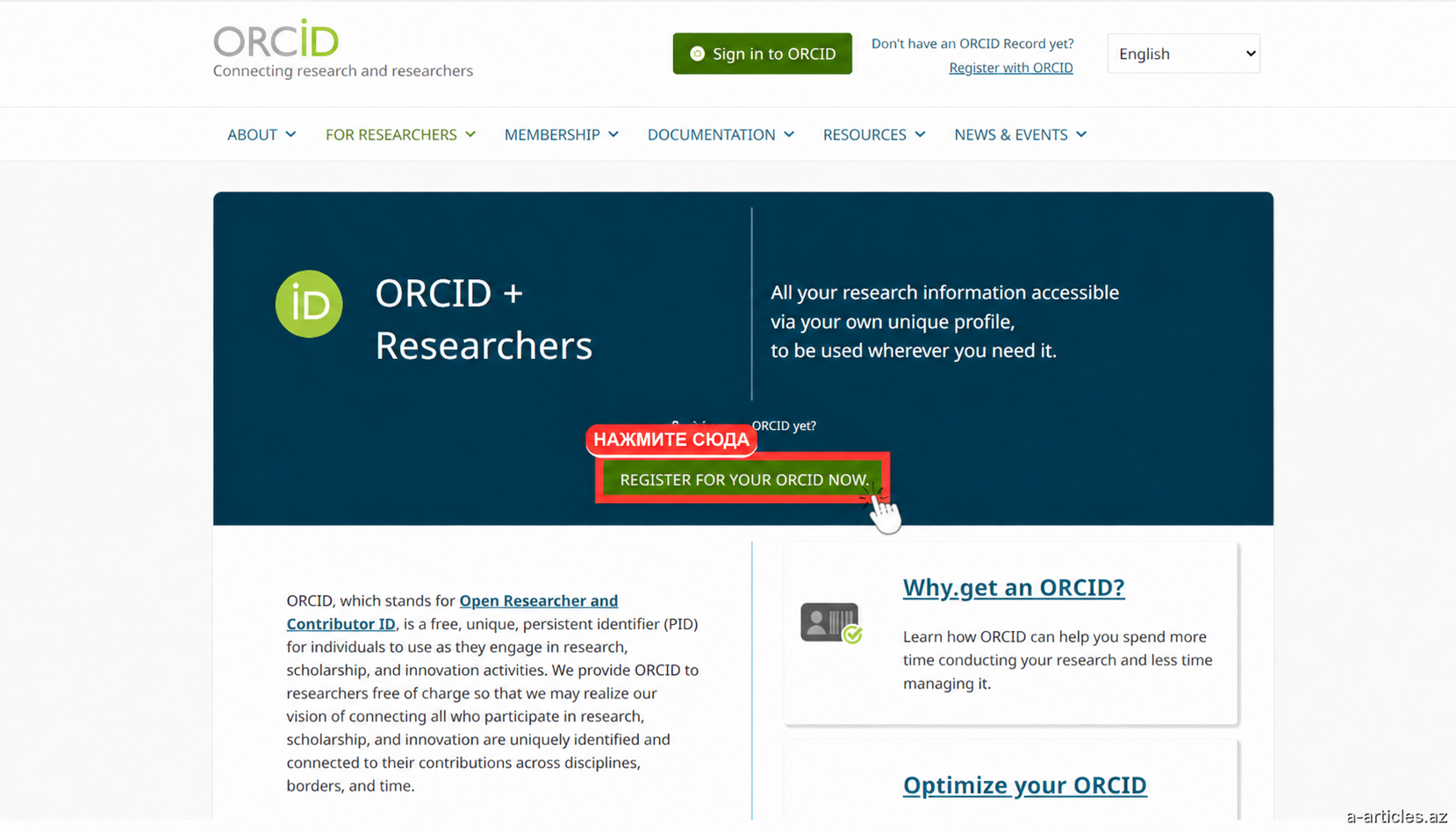 ORCID qeydiyyat düyməsi