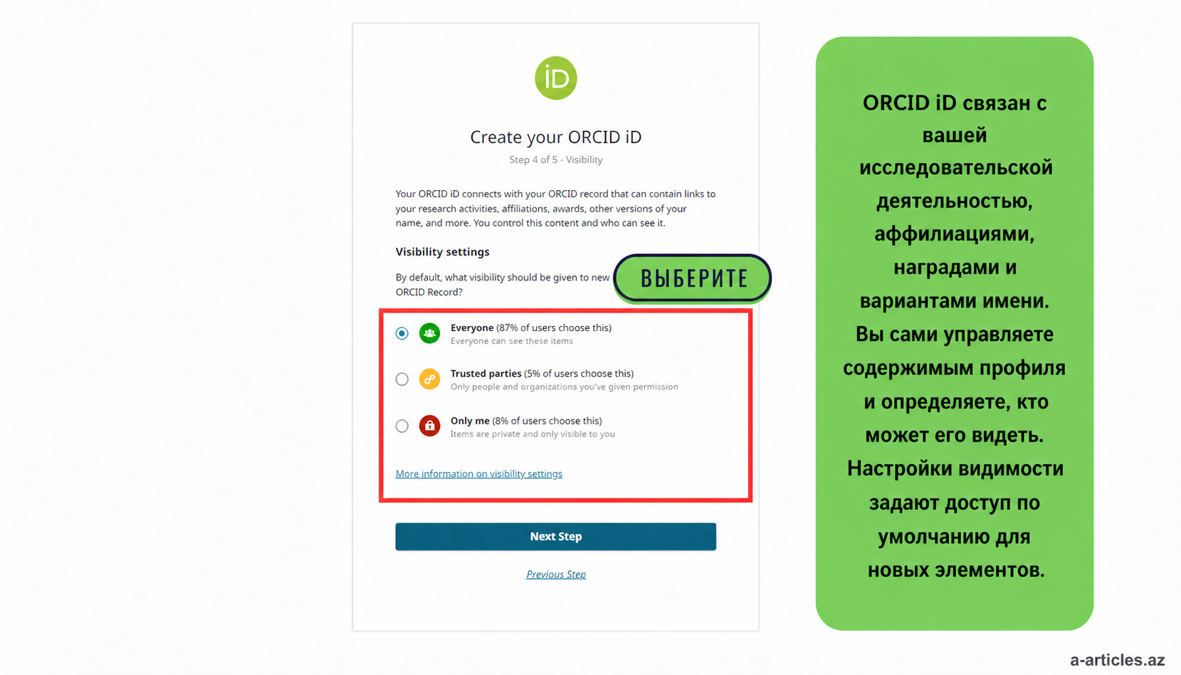 ORCID görünürlük ayarları