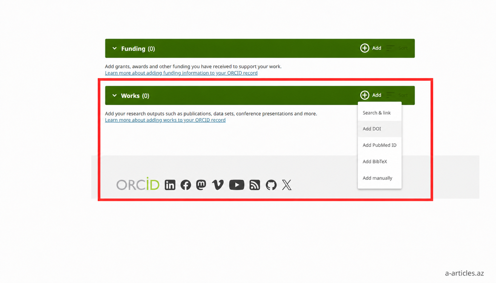 ORCID Works bölməsi və əlavə etmə menyusu
